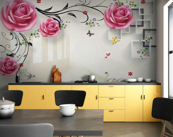 Carta da parati con rose e uccelli Carta da parati con rose e uccelli