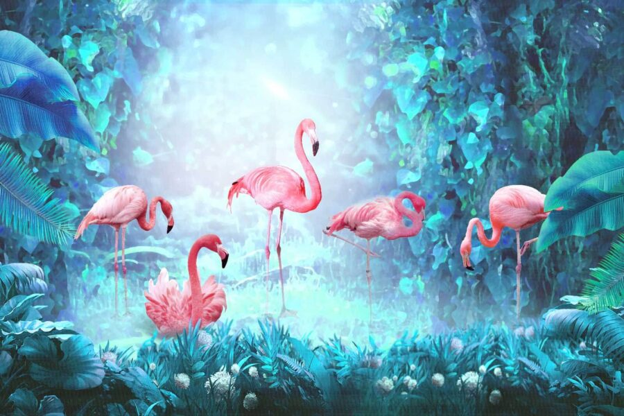 Gruppo di fenicotteri rosa in una foresta