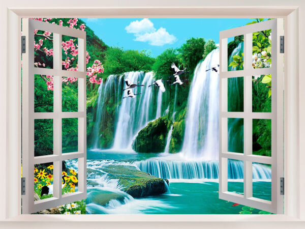 Finestra con cascata e uccelli in volo Finestra con cascata e uccelli in volo