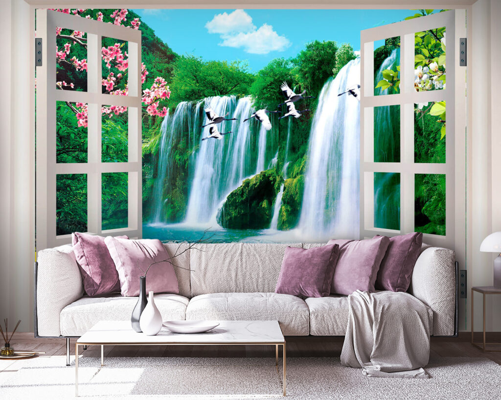Window with a waterfall and birds flying through it Window with a waterfall and birds flying through it