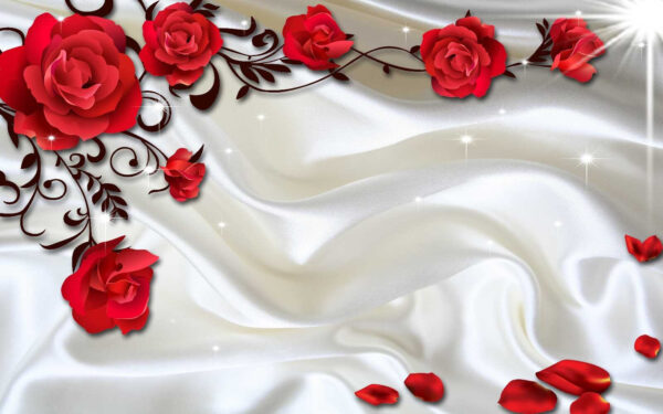 Raso bianco con rose e petali rossi Raso bianco con rose e petali rossi