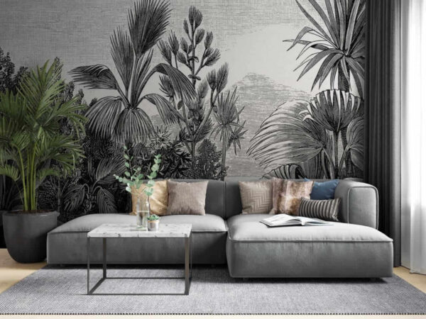 Disegno in bianco e nero di una foresta tropicale Disegno in bianco e nero di una foresta tropicale