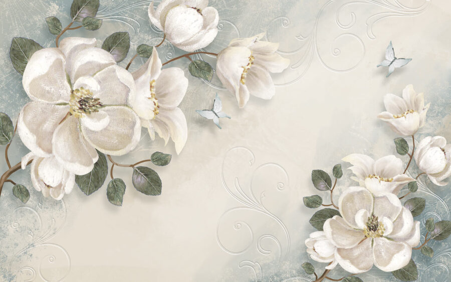 Fiori e foglie bianche su sfondo bianco