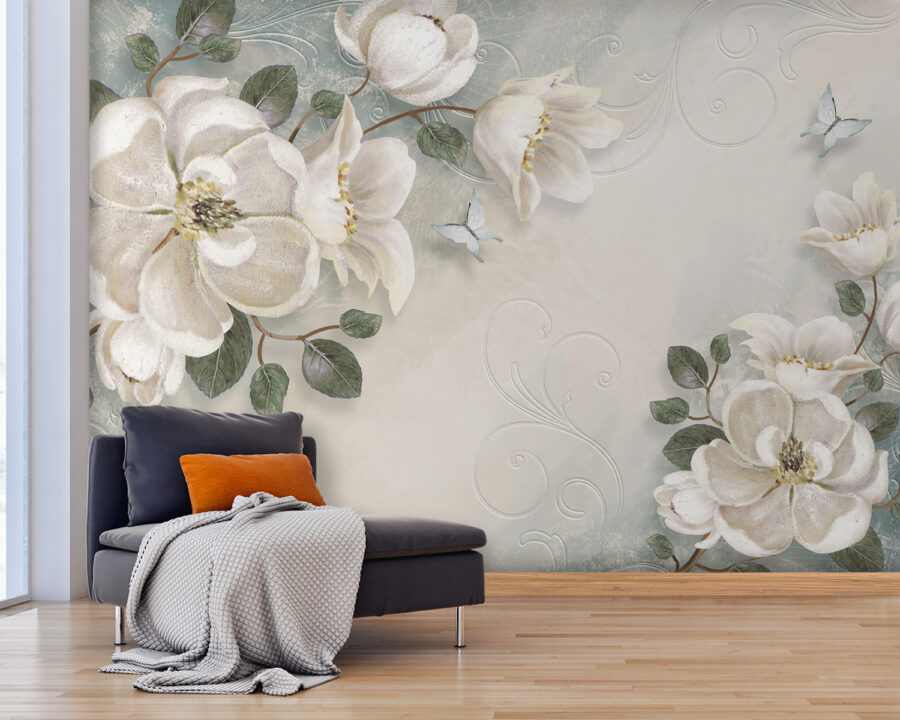 Fiori e foglie bianche su sfondo bianco