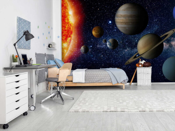 Pianeti nello spazio con stelle e una stella luminosa Pianeti nello spazio con stelle e una stella luminosa