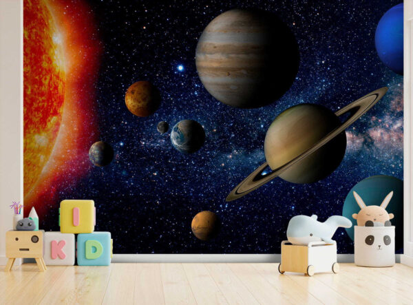 Pianeti nello spazio con stelle e una stella luminosa Pianeti nello spazio con stelle e una stella luminosa