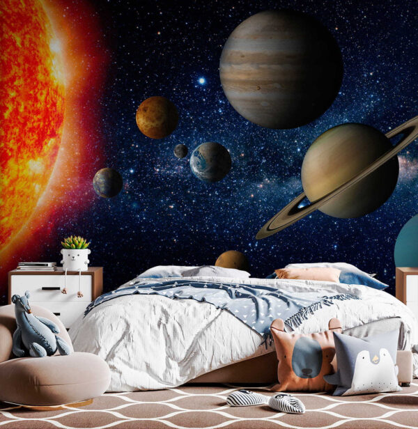 Pianeti nello spazio con stelle e una stella luminosa Pianeti nello spazio con stelle e una stella luminosa