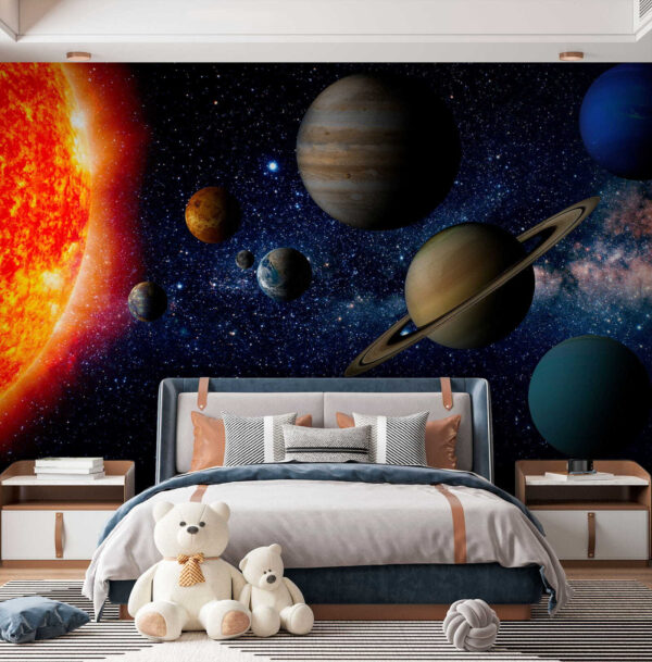 Pianeti nello spazio con stelle e una stella luminosa Pianeti nello spazio con stelle e una stella luminosa