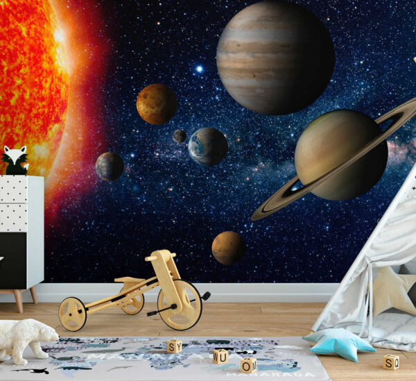 Pianeti nello spazio con stelle e una stella luminosa Pianeti nello spazio con stelle e una stella luminosa