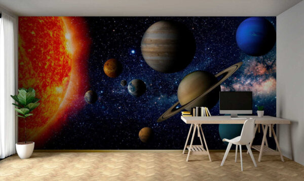 Pianeti nello spazio con stelle e una stella luminosa Pianeti nello spazio con stelle e una stella luminosa