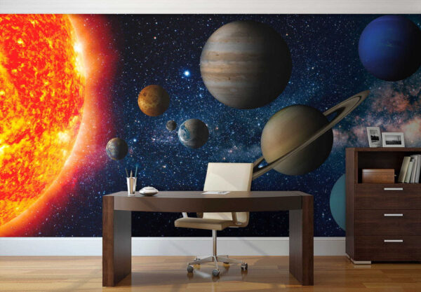 Pianeti nello spazio con stelle e una stella luminosa Pianeti nello spazio con stelle e una stella luminosa