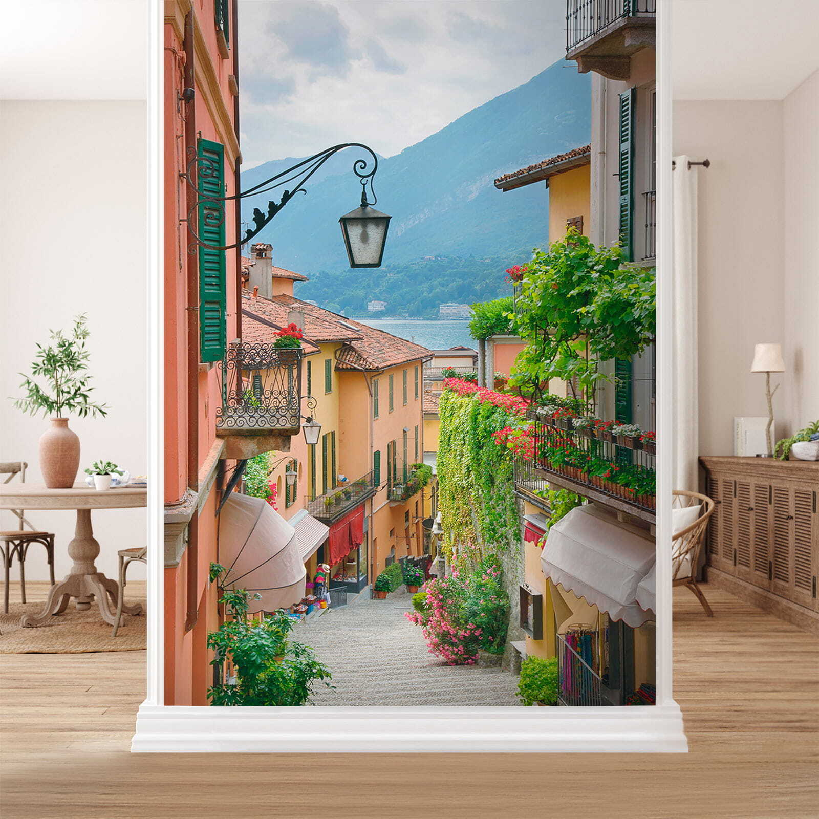 Street with a lamp and flowers on it Street with a lamp and flowers on it