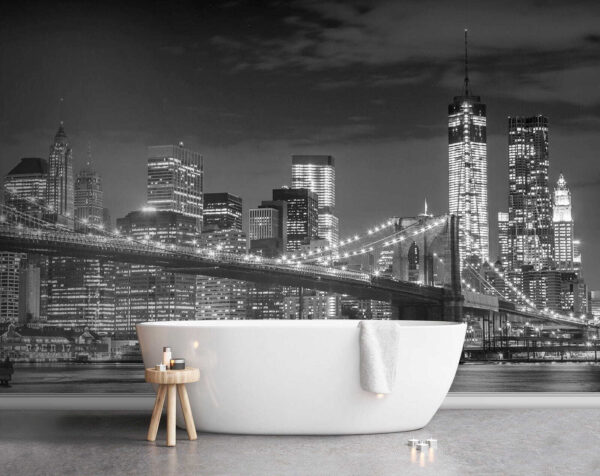 Ponte sull'acqua con skyline della città di notte Ponte sull'acqua con skyline della città di notte