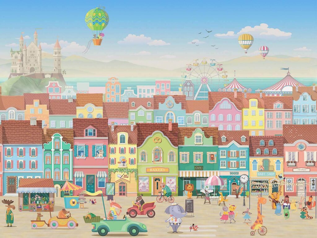 Città dei cartoni animati con molti edifici e una ruota panoramica Città dei cartoni animati con molti edifici e una ruota panoramica