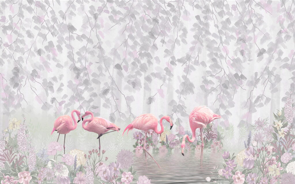 Gruppo di fenicotteri rosa in uno stagno con fiori Gruppo di fenicotteri rosa in uno stagno con fiori