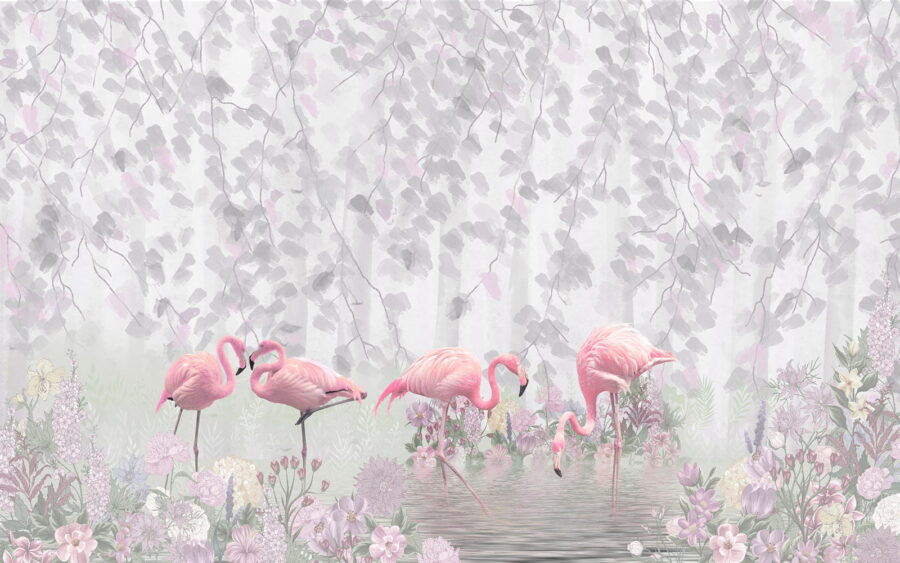Gruppo di fenicotteri rosa in uno stagno con fiori Gruppo di fenicotteri rosa in uno stagno con fiori