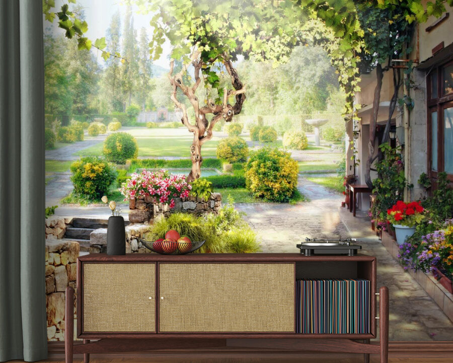 Passerella in pietra con albero e fiori Passerella in pietra con albero e fiori