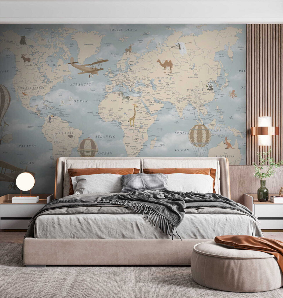 u60135pib1 973x1024 - Mappa del mondo con diversi animali e uccelli
