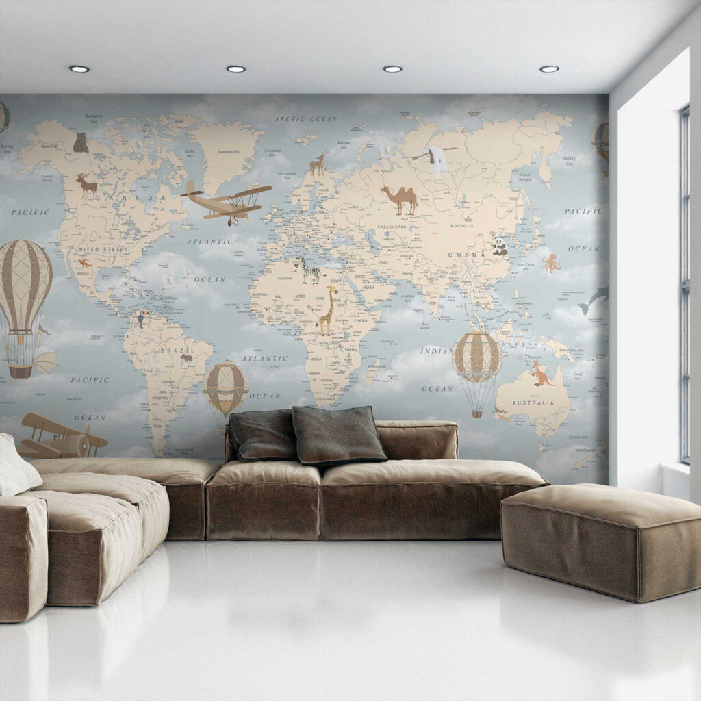 u60135pig2 1024x1024 - Mappa del mondo con diversi animali e uccelli