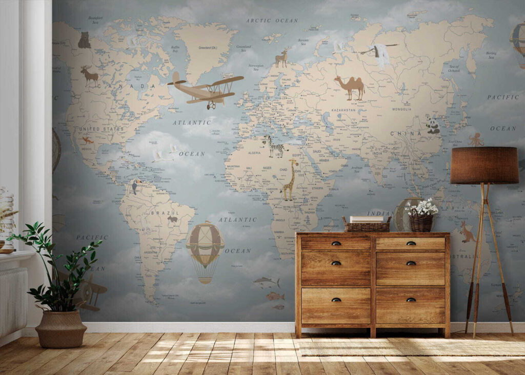 u60135pih1 1024x732 - Mappa del mondo con diversi animali e uccelli