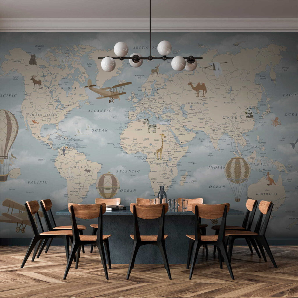 u60135pik1 1024x1024 - Mappa del mondo con diversi animali e uccelli