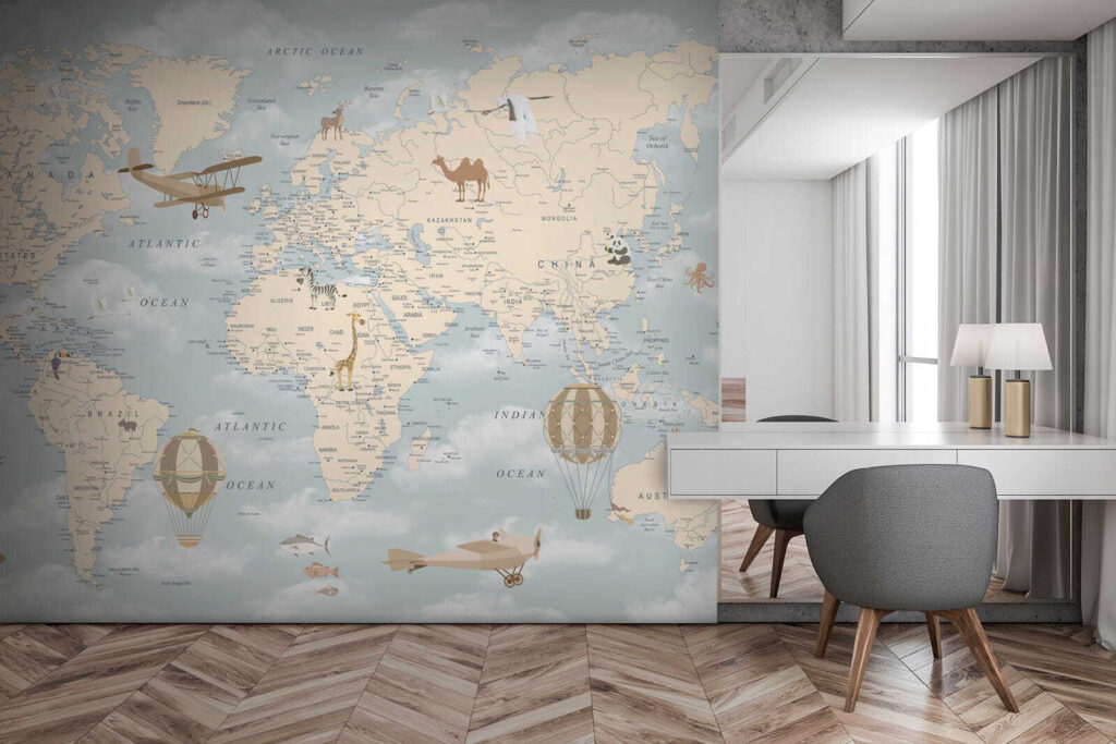 u60135piw1 1024x683 - Mappa del mondo con diversi animali e uccelli