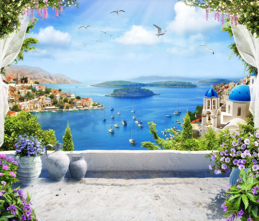 Vista di una città e dell'acqua da un balcone Vista di una città e dell'acqua da un balcone