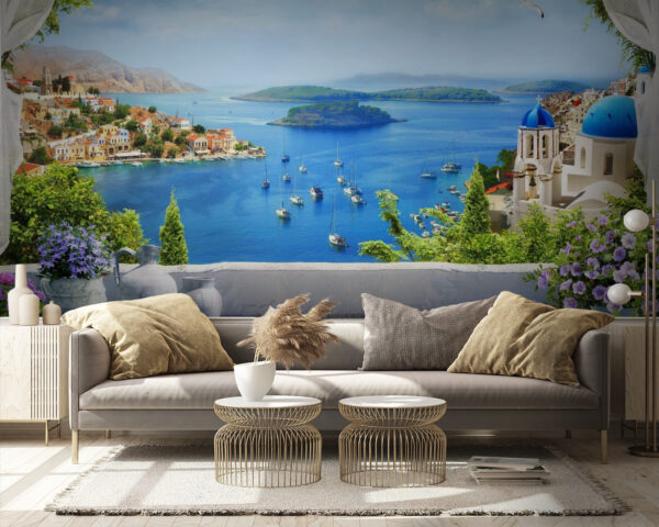 Vista di una città e dell'acqua da un balcone Vista di una città e dell'acqua da un balcone