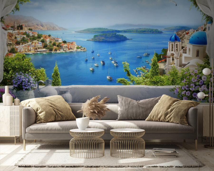 Vista di una città e dell'acqua da un balcone Vista di una città e dell'acqua da un balcone