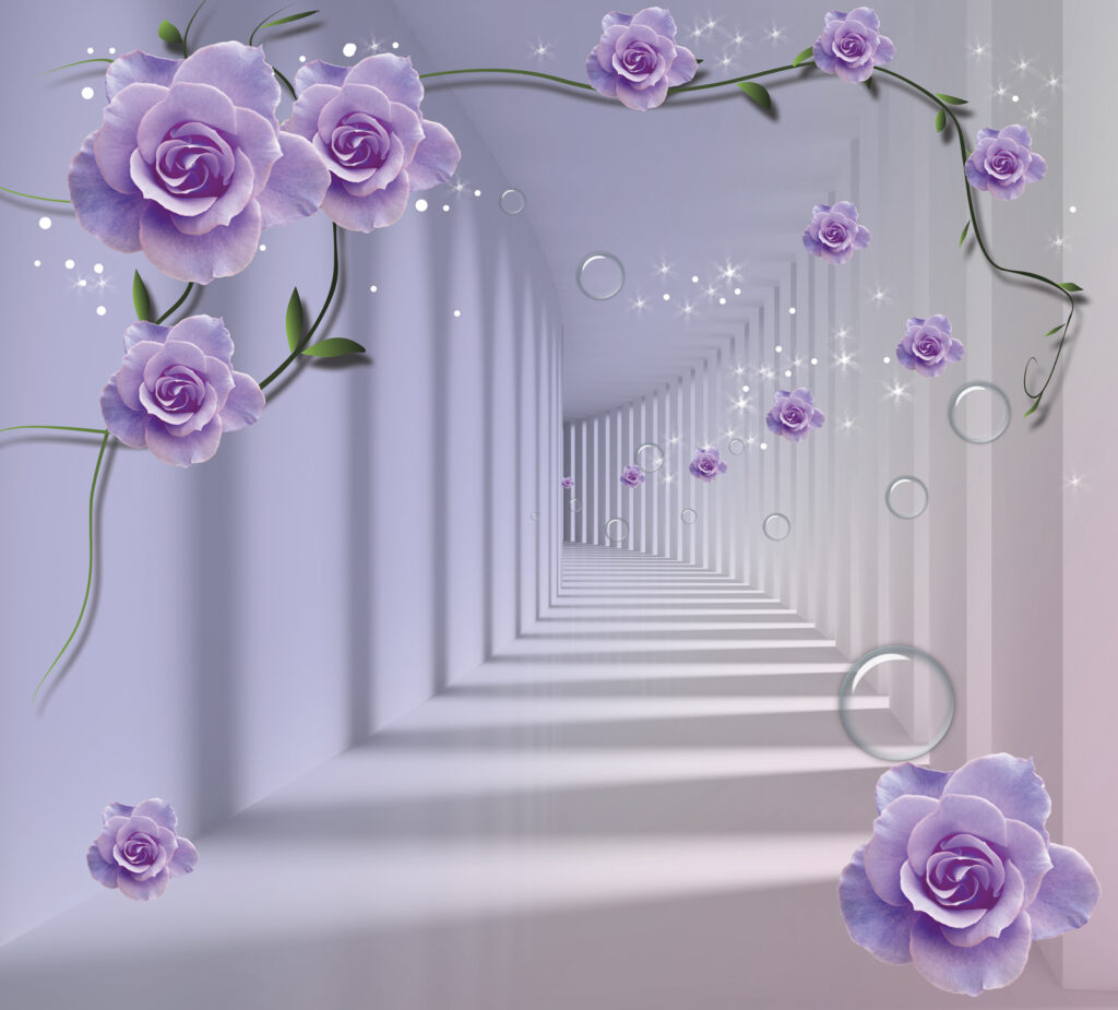 Carta da parati con rose viola e una scala Carta da parati con rose viola e una scala