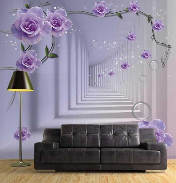 Carta da parati con rose viola e una scala Carta da parati con rose viola e una scala