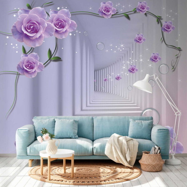 Carta da parati con rose viola e una scala Carta da parati con rose viola e una scala