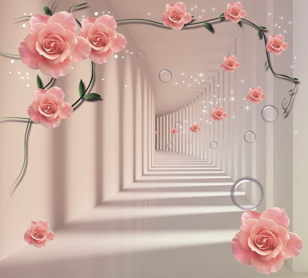 Carta da parati con rose rosa e scale bianche Carta da parati con rose rosa e scale bianche