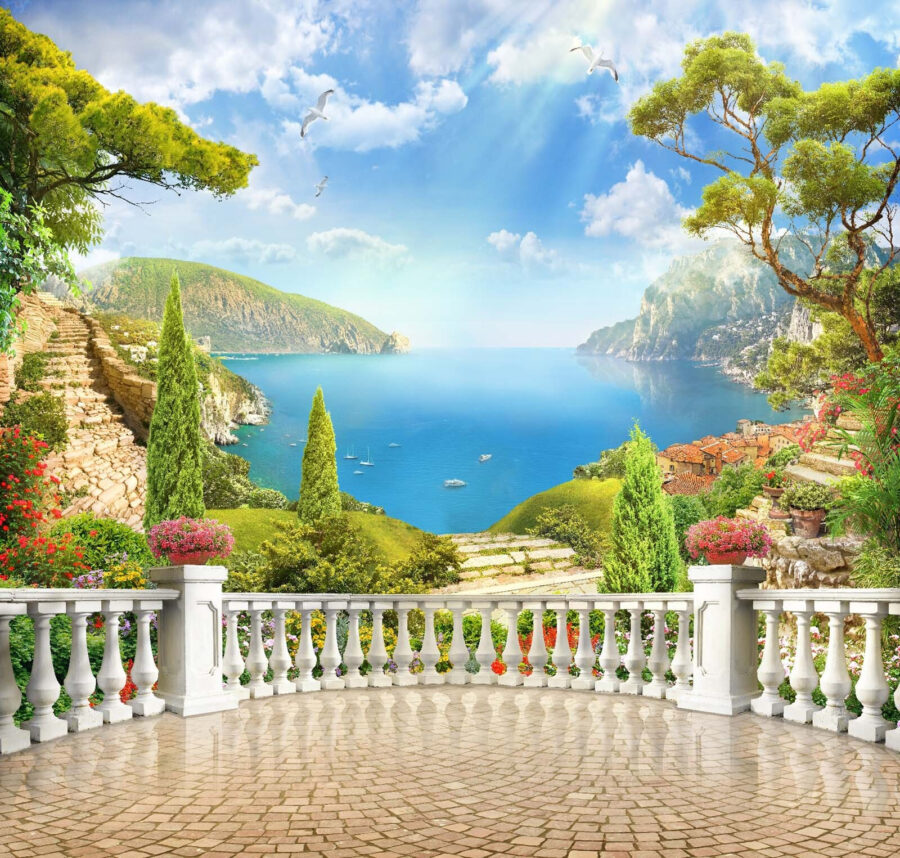 Balcone con vista su lago e alberi Balcone con vista su lago e alberi