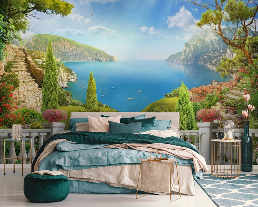 Balcone con vista su lago e alberi Balcone con vista su lago e alberi