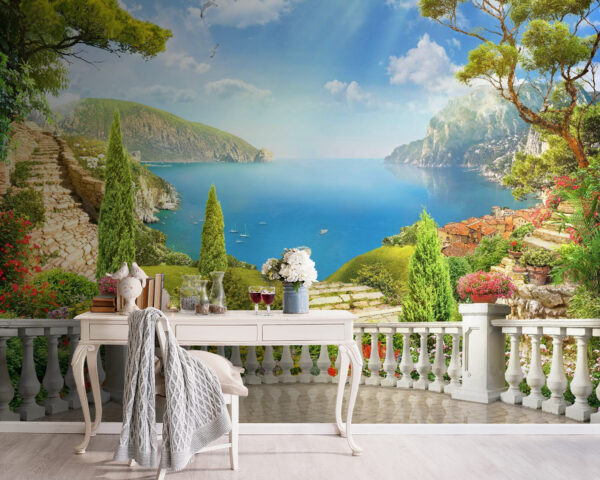 Balcone con vista su lago e alberi Balcone con vista su lago e alberi