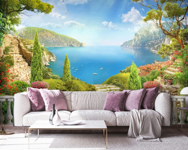 Balcone con vista su lago e alberi Balcone con vista su lago e alberi