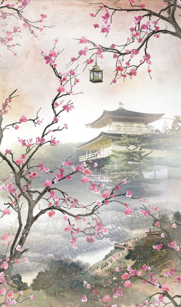 Albero con fiori rosa e un edificio sullo sfondo Albero con fiori rosa e un edificio sullo sfondo