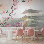 Carta da parati Albero con fiori rosa e un edificio sullo sfondo