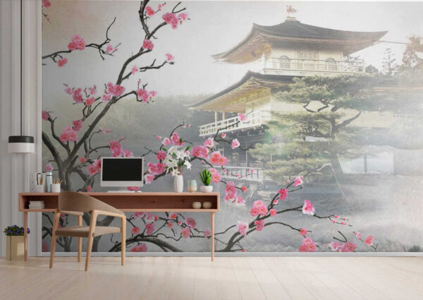 Albero con fiori rosa e un edificio sullo sfondo Albero con fiori rosa e un edificio sullo sfondo