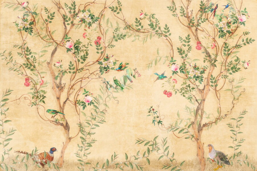 Carta da parati con uccelli e fiori