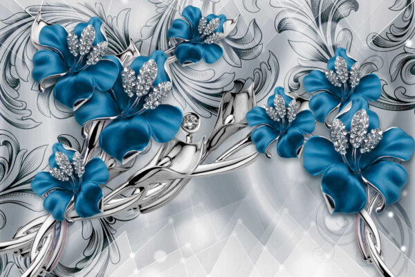 Fiori blu e argento su sfondo argento e nero Fiori blu e argento su sfondo argento e nero