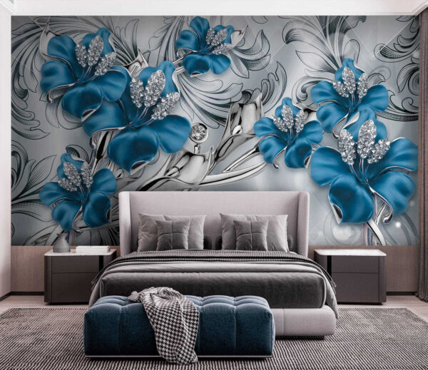 Fiori blu e argento su sfondo argento e nero Fiori blu e argento su sfondo argento e nero
