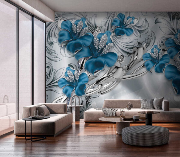 Fiori blu e argento su sfondo argento e nero Fiori blu e argento su sfondo argento e nero