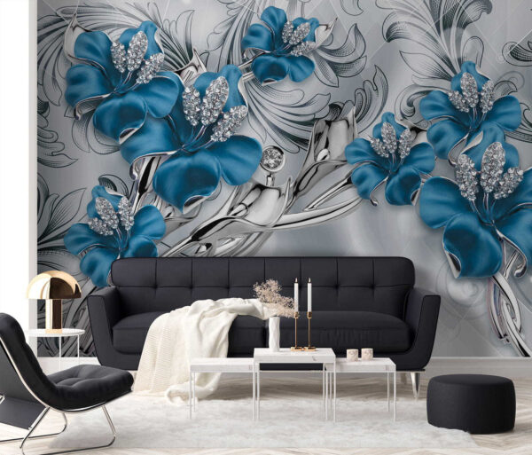 Fiori blu e argento su sfondo argento e nero Fiori blu e argento su sfondo argento e nero