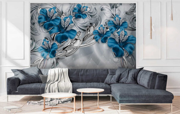 Fiori blu e argento su sfondo argento e nero Fiori blu e argento su sfondo argento e nero