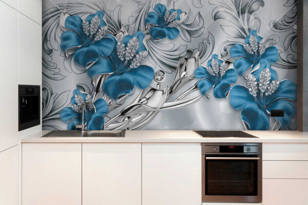 Fiori blu e argento su sfondo argento e nero Fiori blu e argento su sfondo argento e nero