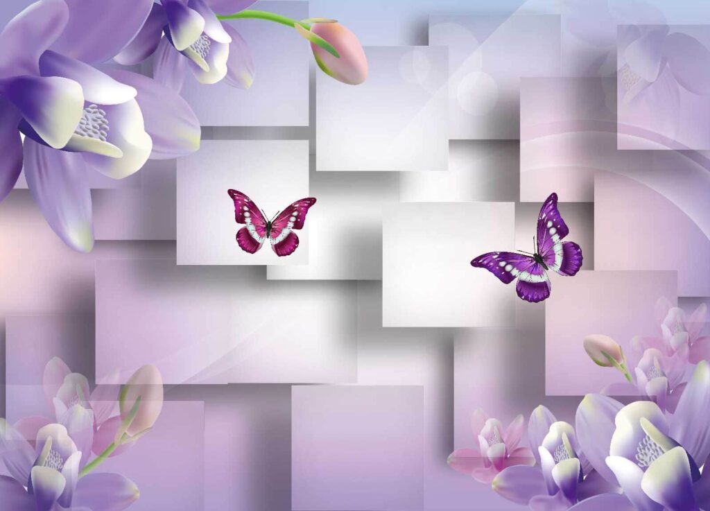 Fiori viola e bianchi e farfalle Fiori viola e bianchi e farfalle