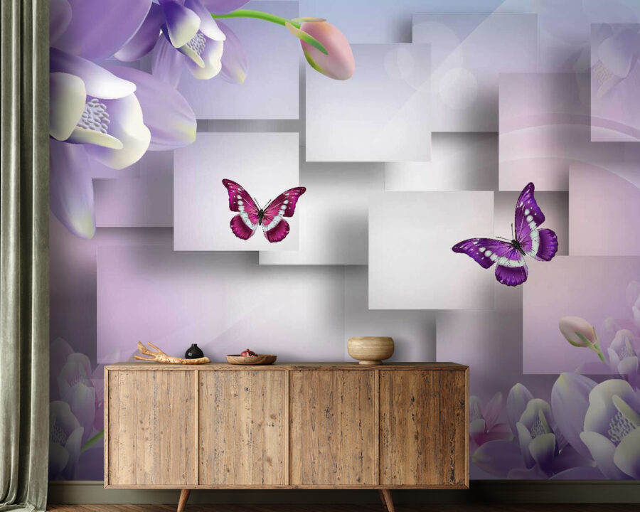 Fiori viola e bianchi e farfalle