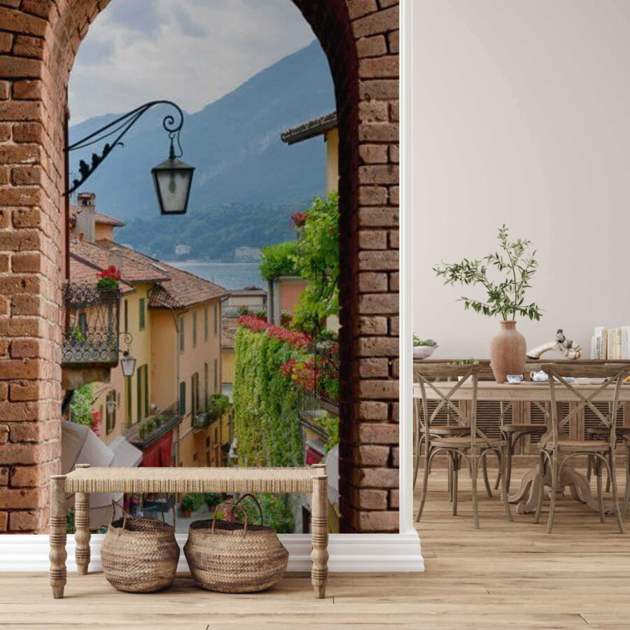 Carta da parati Arco in mattoni con lampione e vista su una città - immagine 2